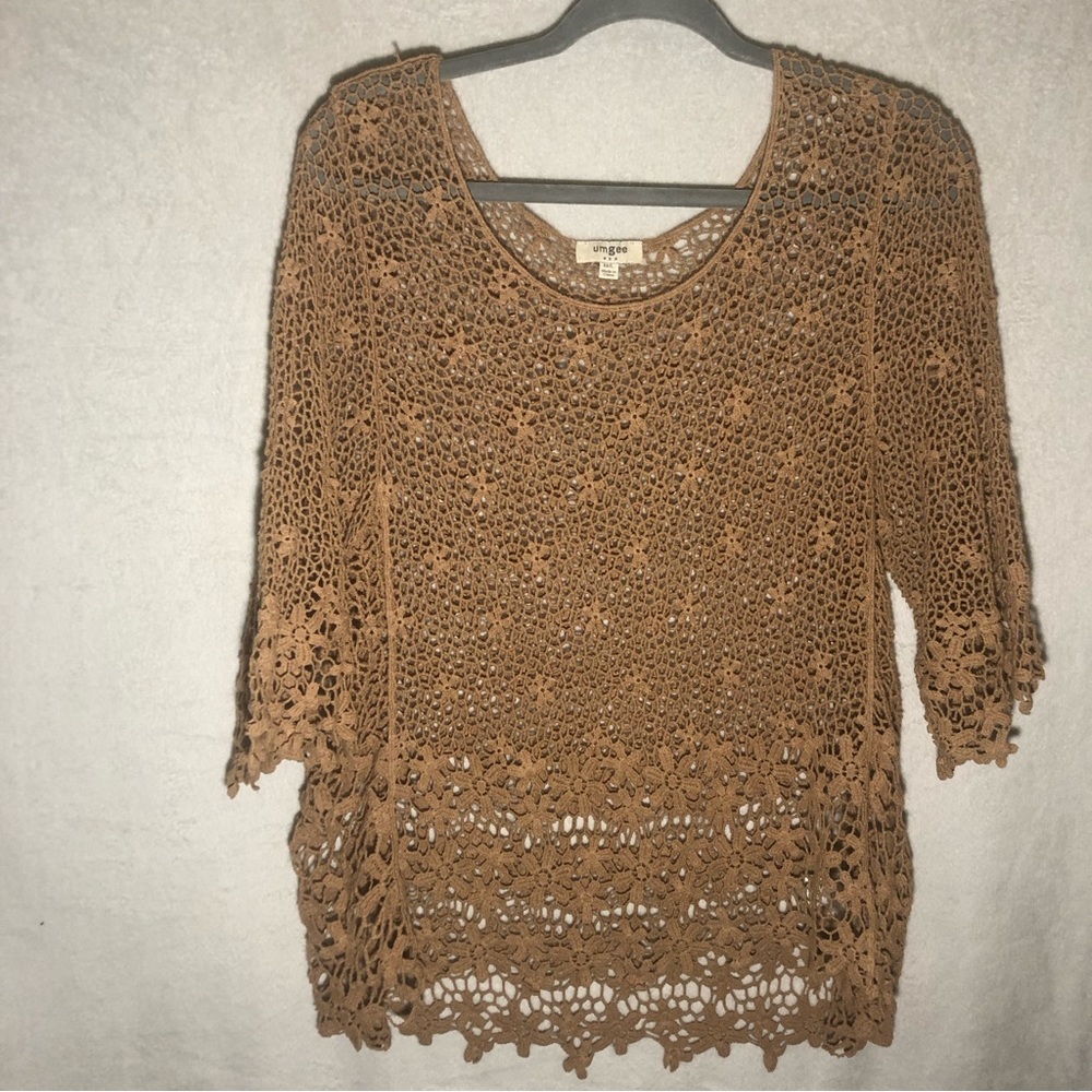 Umgee Woman's Crochet Knit Cover Up Pullover Top Size L Beige Boho Neutral